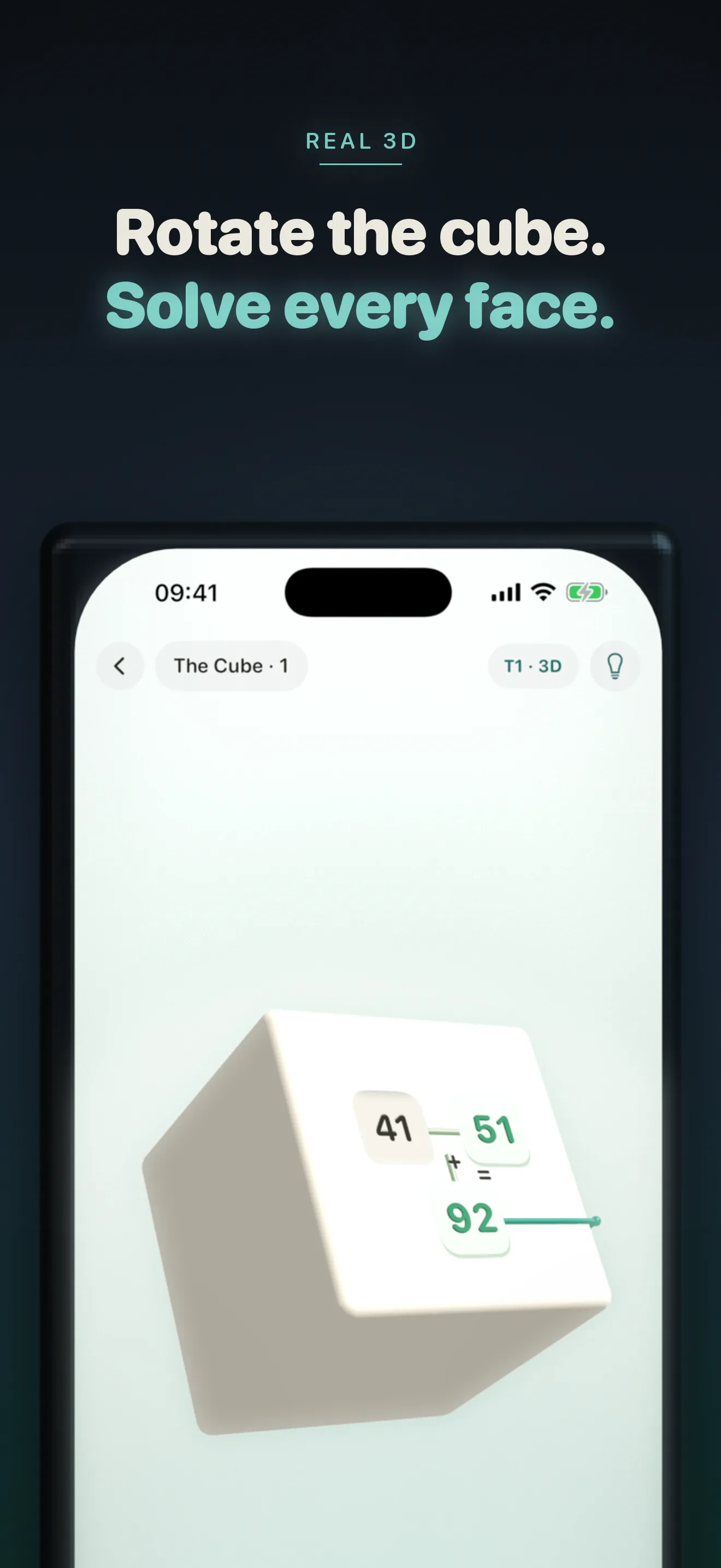 The Cube — a real 3D cube you rotate to solve an equation across every face