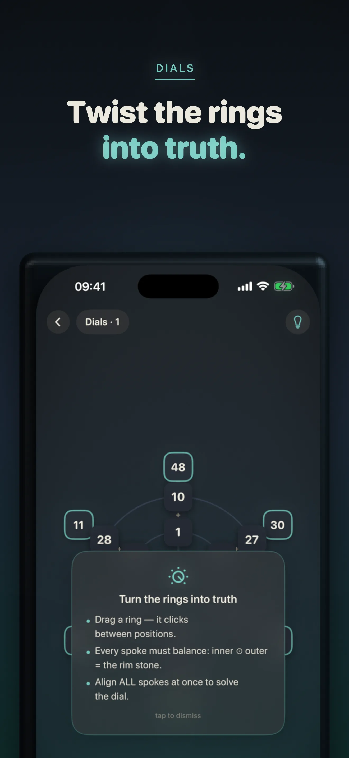 Dials — concentric rings you twist until every spoke balances