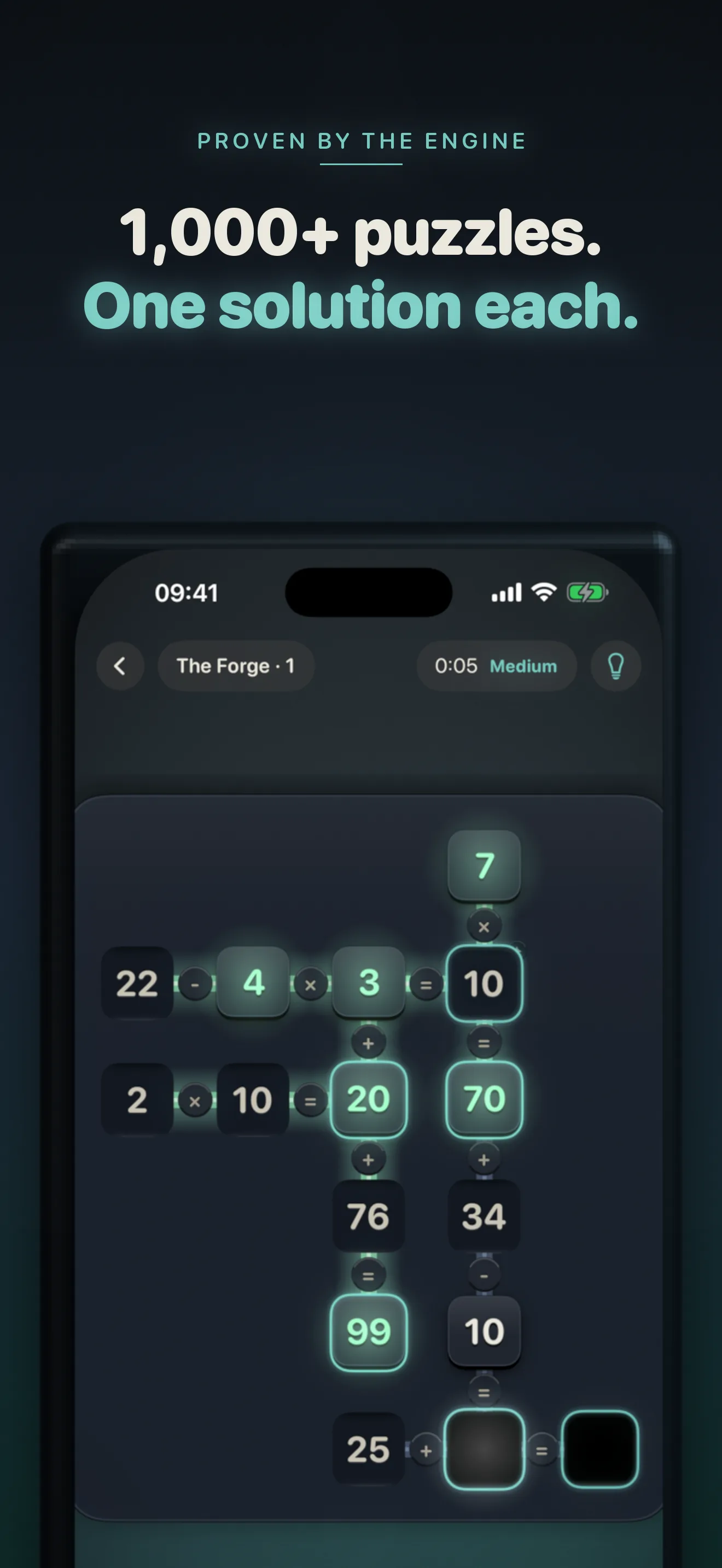 The Forge — a cross-math grid where forged tiles lock numbers into place